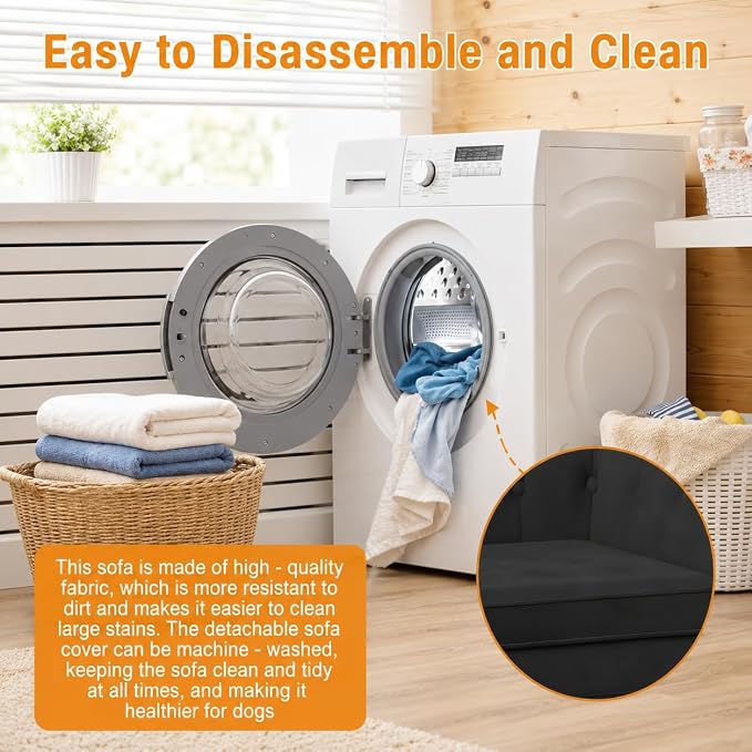 Dog Sofa for Small & Medium Dogs | Removable & Washable | No Assembly Required | Breathable Linen Fabric | Soft Foam |Floor-friendly sofa legs |Black