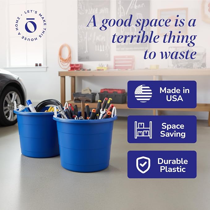 Homz 2 Pack of 17 Gallon Storage Buckets, Durable Plastic Containers, Sturdy Rope Handles, Large Tubs for Sports Equipment, Party Cooler, Gardening, Toys and Laundry, Blue