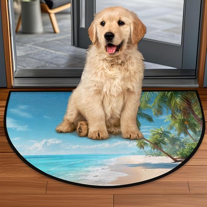 Summer Beach Half Round Door Mat Semi Moon Rug Fireplace Carpet Area Rugs | Summer Beach Non Slip Absorbent Half Circle Mat Carpet for Indoor Outdoor Patio Kitchen Bathroom Entryway Home Decor