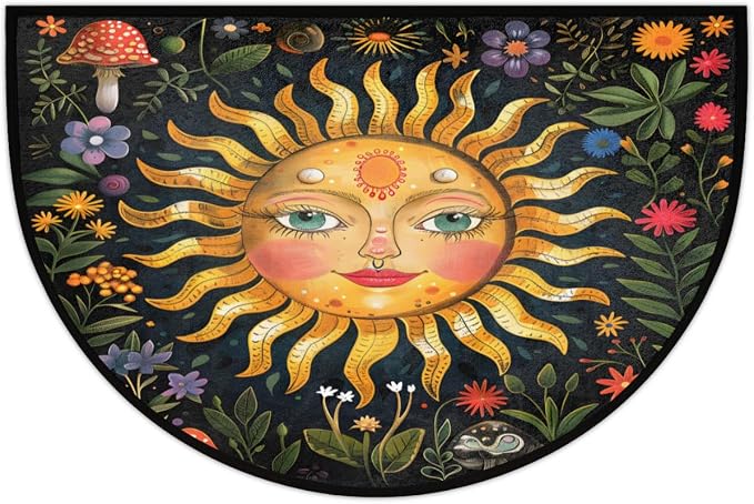 Half Round Doormat Boho Flower Sun Non Slip Half Circle Area Rugs Indoor Washable Half Moon Rug Semi Circle Bathroom Runner Mat Entrance Floor Carpet for Kithen Bedroom Fireplace Decor