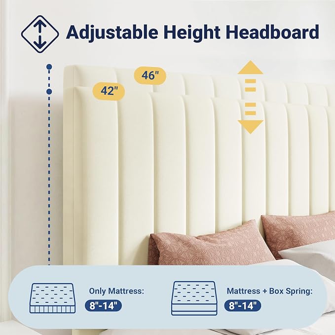 Allewie King Size Storage Bed Frame, Vertical Channel Tufted Adjustable Headboard, Velvet Upholstered Platform Bed with 4 Oversized Underbed Drawers, Wooden Slats Support, No Box Spring Needed, Cream