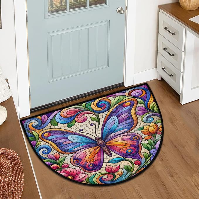 Butterfly Half Round Rug Half Moon Door Mat Half Circle Rugs | Rainbow Floral Washable Non-Slip Semi Circle Rug Welcome Half Round Door Mat Indoor Entrance Bedroom Living Room Decor B772