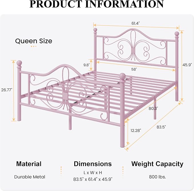 SHA CERLIN Queen Size Metal Bed Frame with Butterfly Headboard, Pink | Metal Platform Bed for Kids, Wrought Iron-Art Headboard/Footboard, Under-Bed Storage, No Box Spring Needed, Easy Assembly