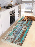 Turquoise Blue Brown Runner Rug 2X4 Ft Entryway Outdoor Indoor Mat, Washable Woven Vintage Barn Rustic Cabin Throw Carpet with Tassel, Non-Shedding Country Star Farm Wooden Plank Hallway Bath Mats