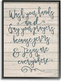 Stupell Industries 'Blue Script Germs and Jesus Cursive Planked Look Typography', Framed Giclee Art, Black, 11 x 14 Inches, Easy to Hang and Sturdy, Made in USA, by Jo Moulton