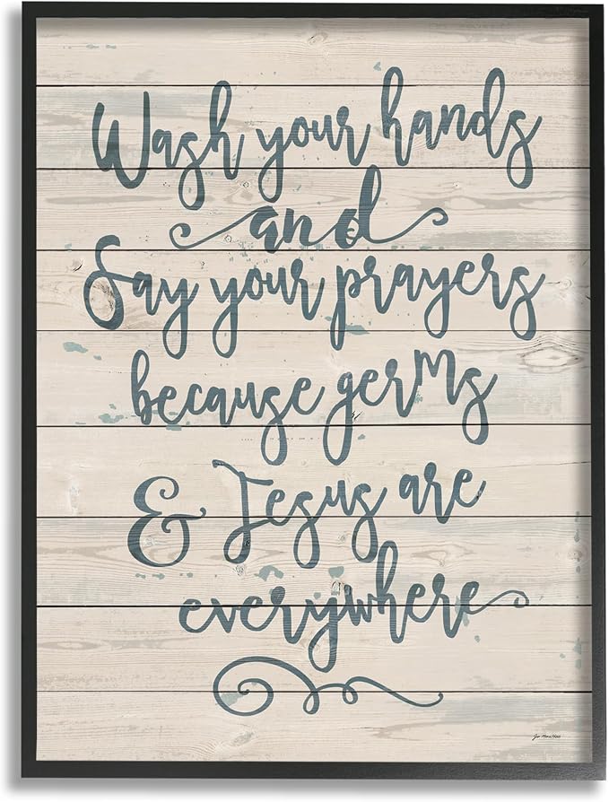 Stupell Industries 'Blue Script Germs and Jesus Cursive Planked Look Typography', Framed Giclee Art, Black, 11 x 14 Inches, Easy to Hang and Sturdy, Made in USA, by Jo Moulton