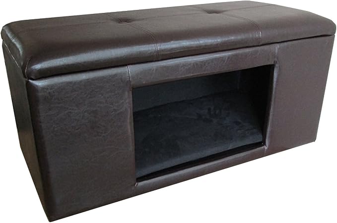 Homepop Home Decor | Button Tufted Leatherette Pet Bed & Bench | Faux Leather Pet Bed | Decorative Pet Furniture (Brown) 38" x 18" x 18"