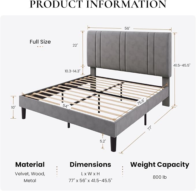 SHA CERLIN Full Size Velvet Bed Frame with Adjustable Headboard, Grey | Vertical Channel Tufted Design, Upholstered Platform Bed, Wood Slats Support/No Box Spring Needed/Easy Assembly
