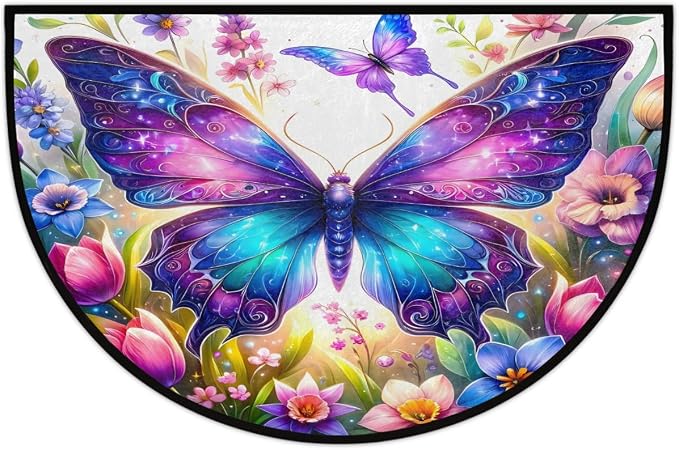 Pardick Half Round Doormat Butterfly Flower Spring Semi Circle Rug Non Slip Indoor Outdoor Entrance Half Moon Rug Washable Front Floor Mat for Kitchen Bathroom Patio Fireplace Holiday Decor