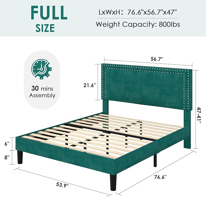 VECELO Full Size Platform Bed Frame with Height Adjustable Upholstered Headboard, Modern Mattress Foundation,Strong Wood Slat Support, No Box Spring Needed, Easy Assembly,Dark Green