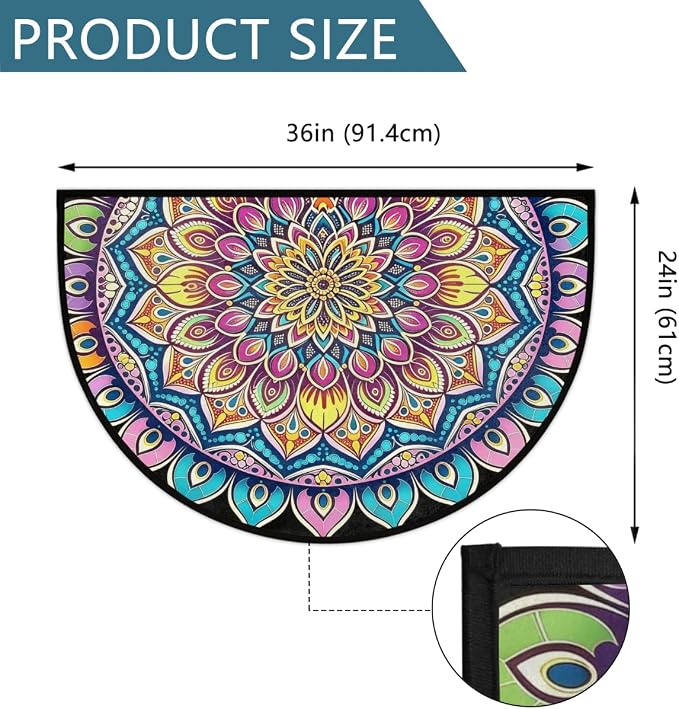 Mandala Half Round Door Mat Non Slip Half Circle Rugs | Ethnic Color Washable Half Moon Rug Semi Circle Rugs Indoor Entrance Floor Carpet for Kithen Bedroom Fireplace Decor