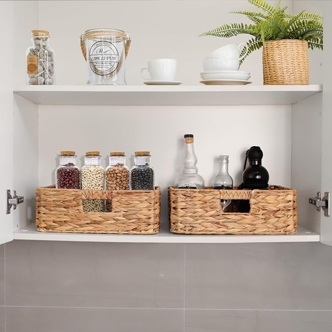 Rectangular Water Hyacinth Storage Baskets, Wicker Woven Shelves Baskets | Three-sided handle design,Handwoven from natural water hyacinth, For the living room, bedroom, storage room, and vanity