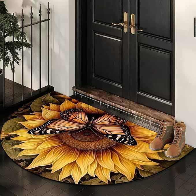 Fchen art Bright Sunflower Butterfly Half Round Door Mat – Non Slip Washable Semi Circle Area Rug, Summer Floral Indoor/Outdoor Entrance Doormat for Entryway Kitchen Bathroom, 32x47 Inches