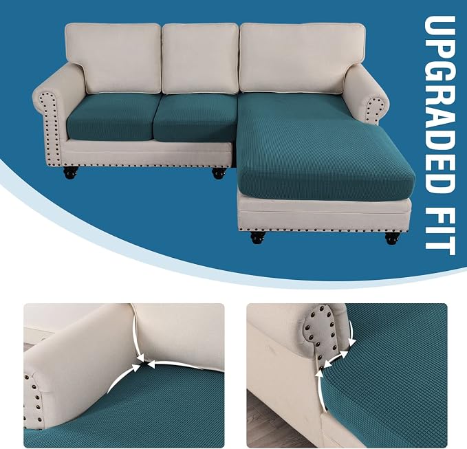 H.VERSAILTEX Sectional Couch Covers 3 Pieces Sofa Seat Cushion Covers L Shape Separate Cushion Couch Chaise Cover for Both Left/Right Sectional Couch (Seat Only: 1 Chaise + 2 Sofa, Deep Teal)