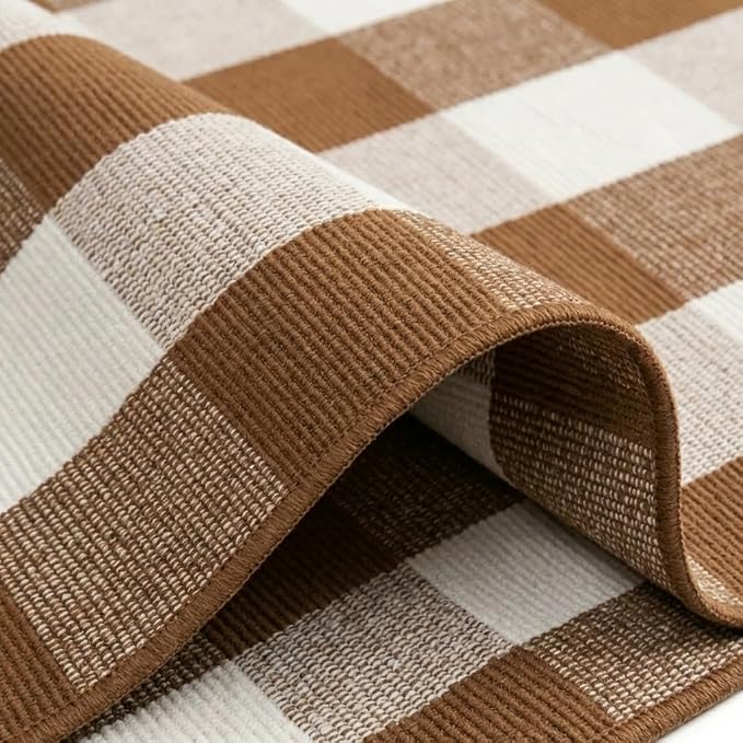 SEEKSEE Buffalo Plaid Rug 4' x 6' Coffee and White Large Front Door Mat, Layering Area Rug, Fall Rug for Outdoor Patio Entryway Indoor Living Room Kitchen Dining Room Decor