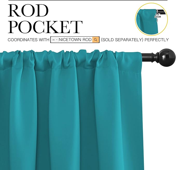NICETOWN Peacock Blue Blackout Curtains Panels for Window, Thermal Insulated Rod Pocket Blackout Drapes/Draperies for Living Room (2 Panels, W52 x L84 inches)