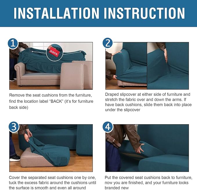 H.VERSAILTEX 4 Piece Stretch Sofa Covers for 3 Cushion Couch Covers for Living Room Furniture Slipcovers (Base Cover Plus 3 Seat Cushion Covers) Upgraded Thicker Jacquard Fabric (XL Sofa, Deep Teal)