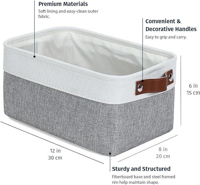 OrganiHaus 12x8in Canvas Storage Baskets, 6 Pack - Fabric Bins for Shelves | Vegan leather handles; a decorative pantry and office organizer, container for desk and books