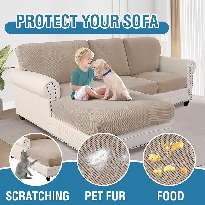 H.VERSAILTEX Sectional Couch Covers 6 Pieces Stretch Sofa Covers for Sectional Sofa Set Separate L Shaped Couch Cover for Both Left/Right Couch (Seat and Back: 1 Chaise + 2 Sofa, Sand)