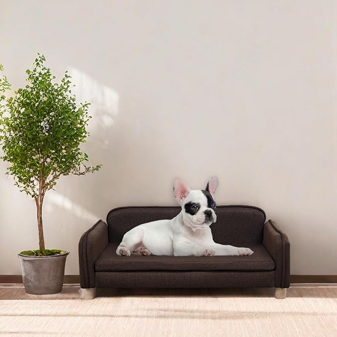 Big Sized Dog Bed -Wooden Frame Pet Sofa Couch, Washable Cushion Cat Couch, Linen Fabric Dog Sofa and Chair for Medium Pet Rest. (Brown)