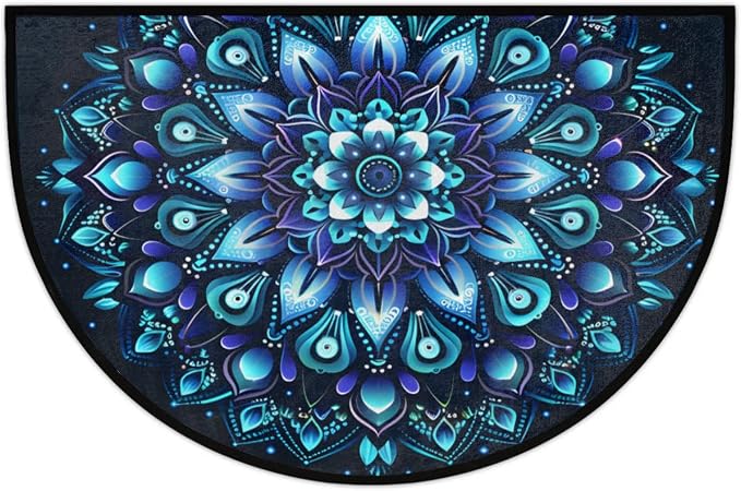 Mandala Blue Half Round Door Mat Semi Moon Rug Fireplace Carpet Area Rugs | Mandala Blue Ethnic Non Slip Absorbent Half Circle Mat Carpet for Indoor Outdoor Patio Kitchen Bathroom Entryway Home Decor