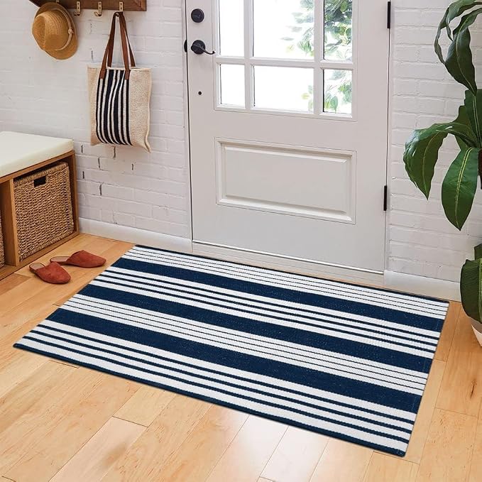 OJIA Outdoor Mats for Front Door 24"x51" Porch Rug Blue & White Outdoor Rug | Machine Washable Front Door Mat Cotton Woven Blue and White Outdoor Rugs Striped Kitchen Runner Doormat for Entry/Entrance