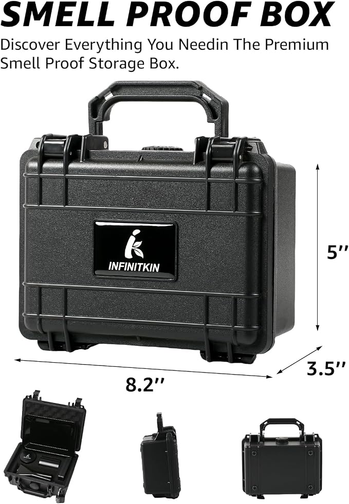 INFINITKIN Smell Proof Box Small Smell Proof Storage Box with Lock | Airtight & waterproof smell proof container with storage jar for home & travel. Includes pocket scale & accessories.