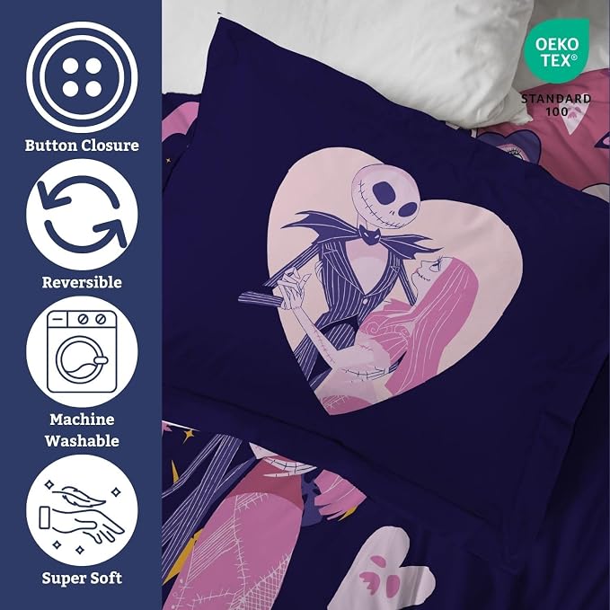 Jay Franco Duvet Cover Set – 3 Piece Comforter Cover and Sham Set, Super Soft Cozy Kids Bedding (Insert Not Included) Purple - Nightmare Before Christmas, Queen