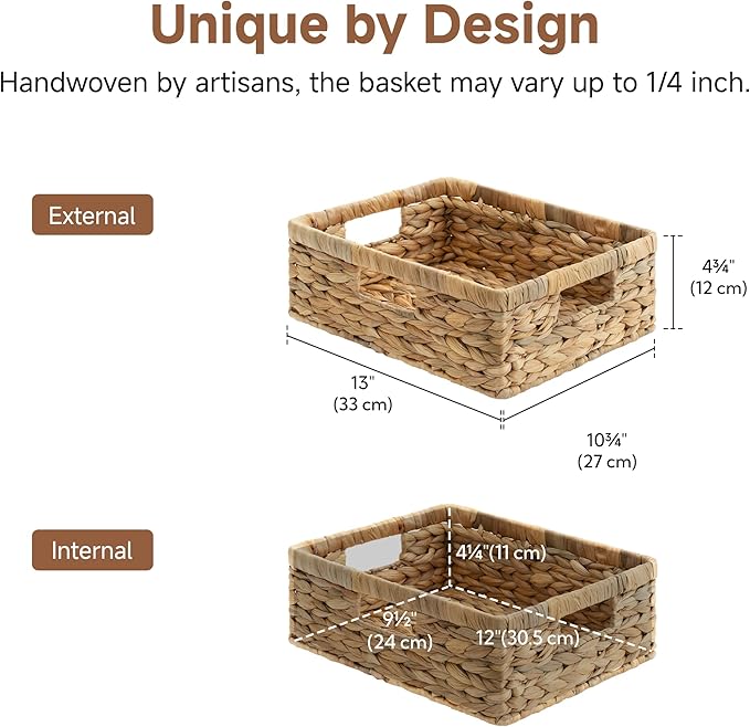 StorageWorks Water Hyacinth Pantry Baskets for Organizing,Natural,1-Pack | Wicker Storage Baskets for Organizing,Pantry Baskets for Organizing,Woven Baskets,13 inch Basket,13"L x 10¼"W x 4 ¾"H