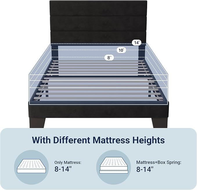 Allewie Twin Size Platform Bed Frame with Velvet Upholstered Headboard | Wooden Slats Support, Fully Upholstered Mattress Foundation, No Box Spring Needed, Easy Assembly, Noise-Free, Black