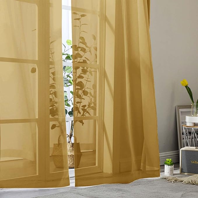 Gold Sheer Curtain for Bedroom Living Room 78 Inches Long 2 Panels Set, Solid Soft Airy Light Filtering Sheer Window Curtains, Modern Rod Pocket Door Curtain, Gold, 42" Wx78 L Inches