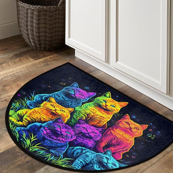 Rainbow Cat Half Round Door Mat Non-Slip Semi Circle Rug Half Moon Doormat | Cute Rainbow Cat Soft Washable Welcome Entrance Mat for Outdoor Indoor Floor Bedroom Bathroom Home Kitchen Festival Decor