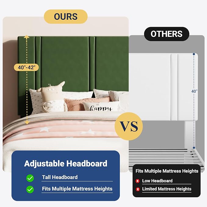 Allewie Twin Size Platform Bed Frame with Adjustable Headboard | Plush Velvet Upholstered, Vertical Channel Tufted, Sturdy Wood Slats, No Box Spring Needed, Easy Assembly, Green