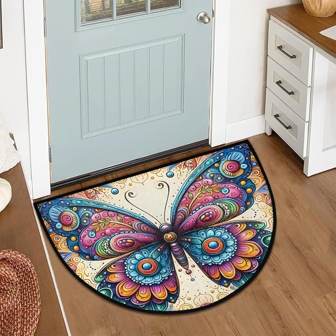 Butterfly Half Round Rug Half Moon Door Mat Half Circle Rugs | Color Animal Washable Non-Slip Semi Circle Rug Welcome Half Round Door Mat Indoor Entrance Bedroom Living Room Decor B501
