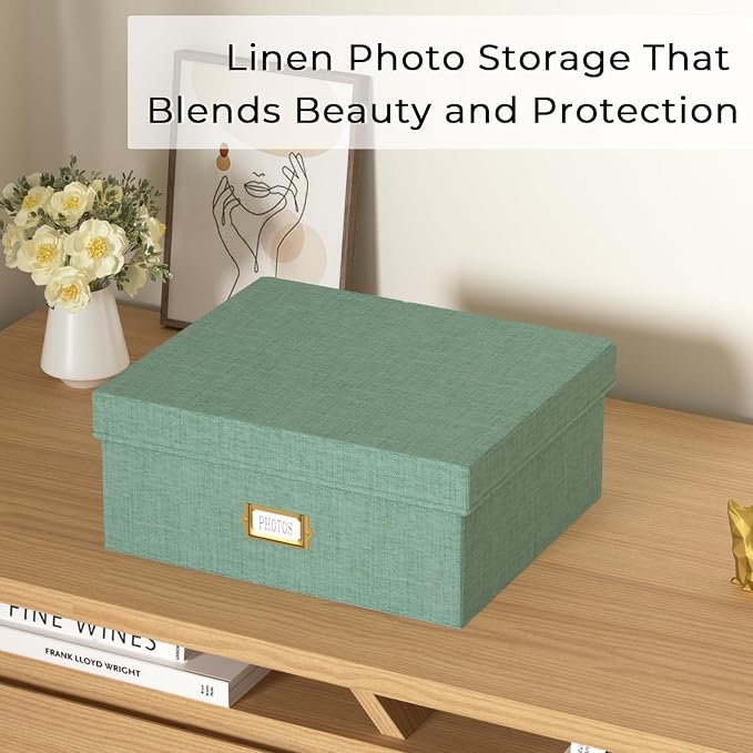 Decorative Photo Storage Box, Linen Photo Box Holds 1700 4x6 Pictures Green | Photo Storage Containers with 8 Dividers, Memory Keepsake Organizer for Photos, Scrapbook Supplies, Cards, Stamps,Archive Box