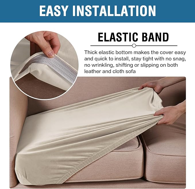 H.VERSAILTEX Velvet Stretch Couch Cushion Cover Plush Cushion Slipcover for Chair Loveseat Sofa Cushion Furniture Protector Seat Cushion Sofa Cover (2 Piece Medium Sofa Cushion Covers, Ivory)