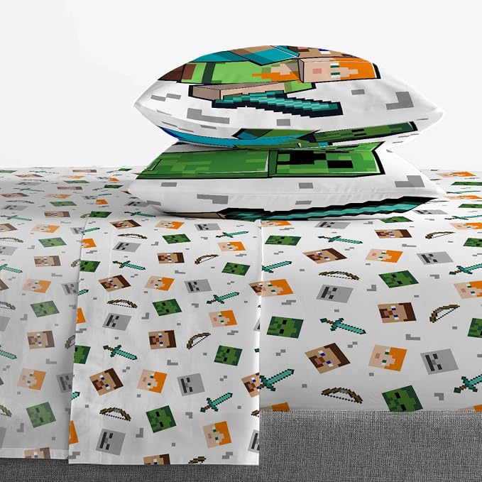 Jay Franco Minecraft Full Comforter Set - 7 Piece Bedding Includes Sheet Set & Pillow Covers - Super Soft Kids Bedding Creeper & Zombie