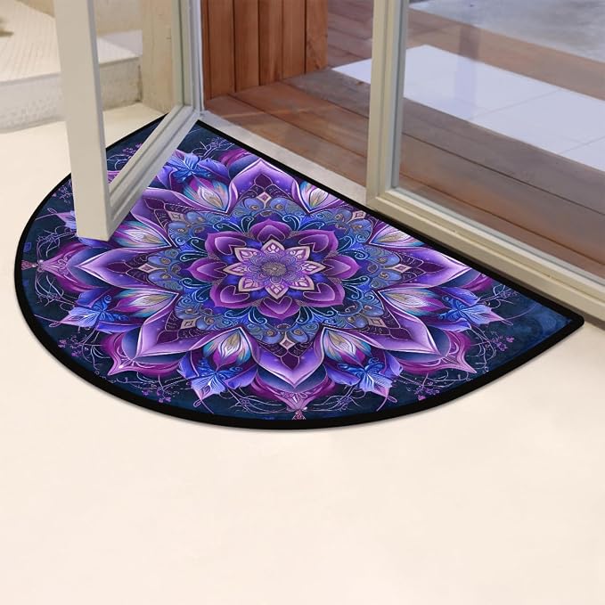 Mandala Half Round Doormat Non-Slip Semi Circle Rug Half Moon Mat | Ethnic Purple Flower Washable Soft Absorbent Indoor Outdoor Entrance Kitchen Bathroom Sink Patio Welcome Fireplace Floor Rug