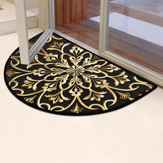 Golden Mandala Half Round Door Mat Semi Moon Rug Fireplace Carpet Area Rugs | Mandala Ethnic Non Slip Absorbent Half Circle Mat Carpet for Indoor Outdoor Patio Kitchen Bathroom Entryway Home Decor