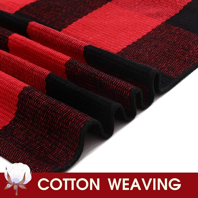 Christmas Red and Black Plaid Rug, 28 x 43 Inches Cotton Hand-Woven Layered Door Mat for Front Porch, Entryway, Outdoor Holiday Decor, Washable Buffalo Check Rug for Home, Patio, Kitchen
