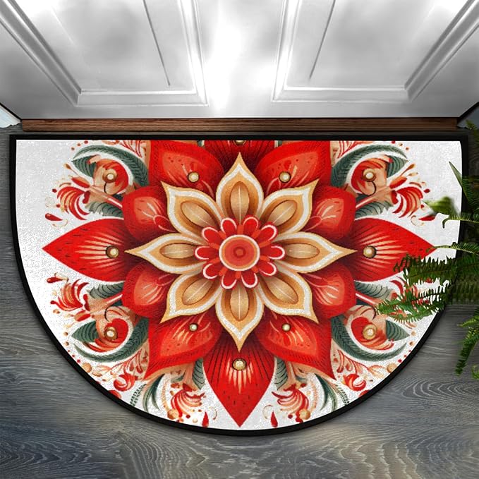 Mandala Half Round Rug Half Moon Door Mat Half Circle Rugs | Ethnic Flower Washable Non-Slip Semi Circle Rug Welcome Half Round Door Mat Indoor Entrance Kitchen Bedroom Living Room Decor