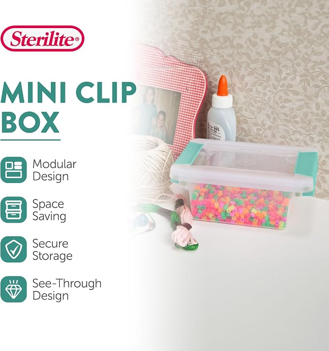 Sterilite Mini Clip Box, Stackable Small Storage Bin with Latching Lid, Plastic Container to Organize Office, Crafts, Clear Base and Lid, (Pack of 6) | Storage Containers with Latching Lids for Writing, Arts or Crafts Supplies - Home, Office, Classroom...