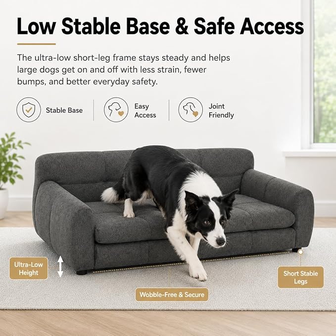51"×28" Large Dog Sofa, for Large & Extra Large Dogs | Detachable Cushion | Reinforced Low Base|Non-Sagging |Linen Fabric | Soft Cushion | Armrest & Backrest | Dark Gray