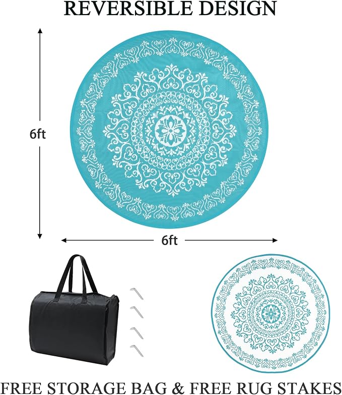 Pauwer Waterproof Outdoor Rug 6ft, Reversible Plastic Straw Patio Camping Rug, Indoor Outdoor RV Mat Carpet for Deck, Camper, Porch, Balcony, Backyard, Picnic, Floral Teal | Reversible Patio Rug, UV Resistant Indoor Outdoor RV Mat Carpet For Deck, Camp...