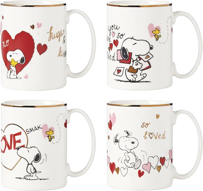 Lenox Snoopy Valentine's Day Porcelain Mug Set for 4, 12oz | dishwasher safe, microwave safe | gift for snoopy fans | 4 inch, 12oz, coffee mug, gift for women, drinkware