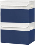 Bagnizer Large 42 Quarts Fabric Storage Bins with Lids [2-Pack] Linen Collapsible Foldable Baskets, Closet Organizer Containers boxes with Handles for Home Office (16.7 x 12 x 12, Navy Blue & White)