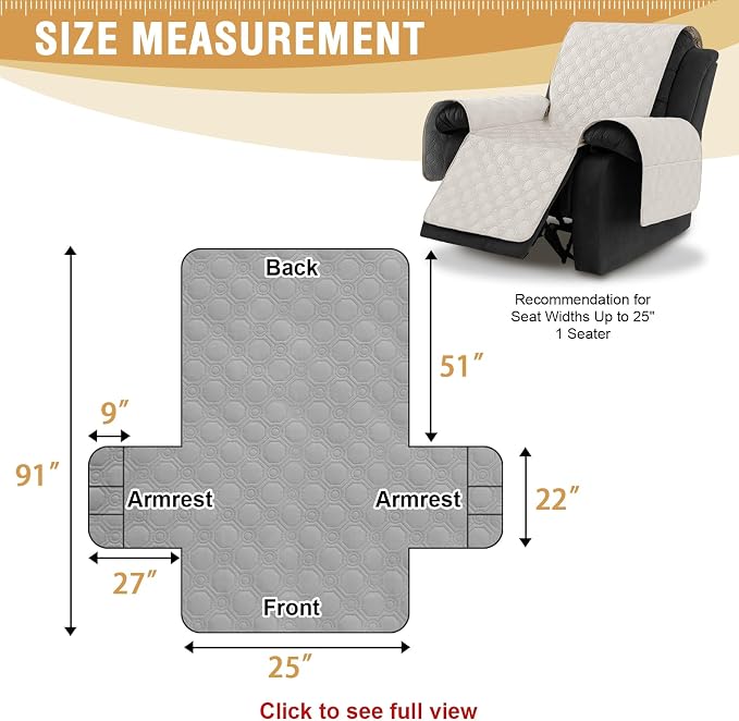 H.VERSAILTEX 100% Waterproof Recliner Chair Covers, Recliner Covers Non-Slip Stay in Place, Thick Cover for Recliner Chair with Pocket, Dog Couch Cover Protector Washable(Beige, 25")