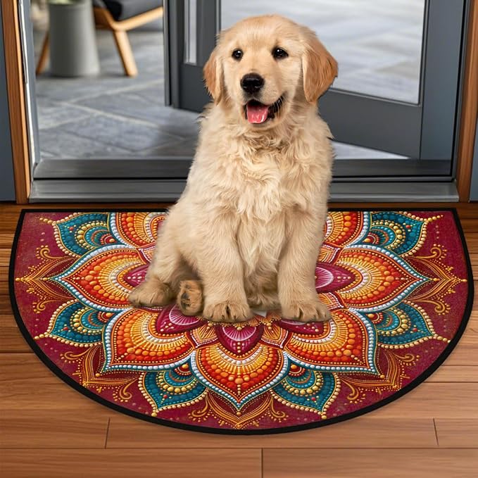 Flower Half Round Door Mat Semi Moon Rug Fireplace Carpet Area Rugs | Colorful Boho Non Slip Absorbent Half Circle Mat Carpet for Indoor Outdoor Patio Kitchen Bathroom Entryway Home Decor