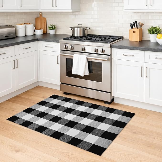 KILOCOCO Buffalo Plaid Checkered Rug 27.5x43 in Black White Front Door Rug | Cotton Woven Outdoor Rug, Machine Washable Front Door Mat, Indoor Entryway Rug, Low Pile Welcome Mats for Farmhouse