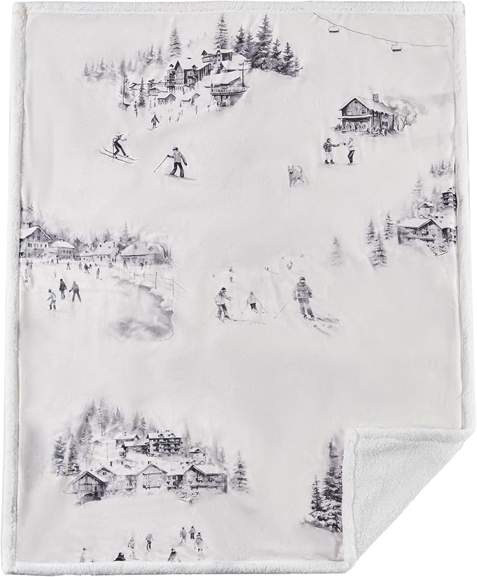 Indigo Hill by HiEnd Accents Ski Toile Sherpa Throw Blanket, Snow Mountain Pine Tree Ski Season Print Blanket for Camping Outdoor, Cabin Lodge Fleece Blanket for Couch, Sofa, Bed, 54x68 inch